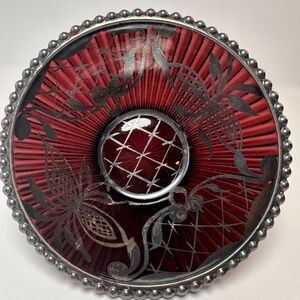 Vintage Ruby Red Etched Glass Bowl • Floral Cut Pattern • Beaded Rim